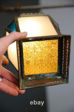 Vintage Antique Stained Glass Hanging Ceiling Lantern Lamp Swag Light brass