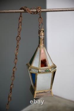 Vintage Antique Stained Glass Hanging Ceiling Lantern Lamp Swag Light brass