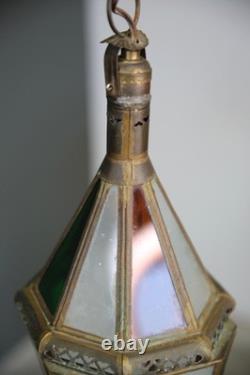 Vintage Antique Stained Glass Hanging Ceiling Lantern Lamp Swag Light brass