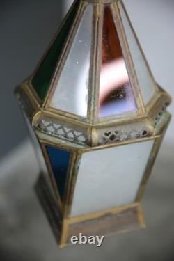 Vintage Antique Stained Glass Hanging Ceiling Lantern Lamp Swag Light brass