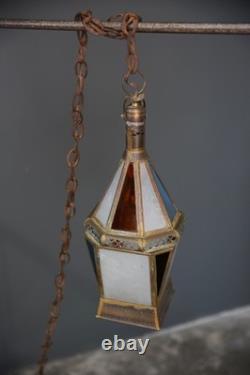 Vintage Antique Stained Glass Hanging Ceiling Lantern Lamp Swag Light brass