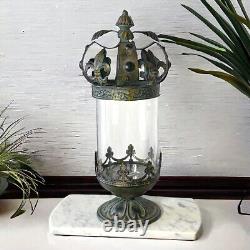 Vintage Antique-green/blk/mustard Gold Metal Crown Fleur-de-lis Candle Lantern