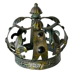 Vintage Antique-green/blk/mustard Gold Metal Crown Fleur-de-lis Candle Lantern