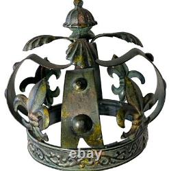 Vintage Antique-green/blk/mustard Gold Metal Crown Fleur-de-lis Candle Lantern
