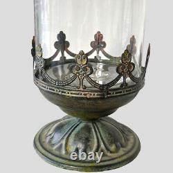 Vintage Antique-green/blk/mustard Gold Metal Crown Fleur-de-lis Candle Lantern