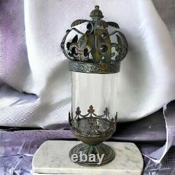 Vintage Antique-green/blk/mustard Gold Metal Crown Fleur-de-lis Candle Lantern