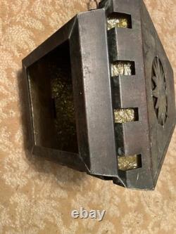 Vintage Art & Craft Style Copper Hanging Lantern With Art Glass of 1900 1940