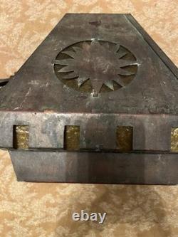 Vintage Art & Craft Style Copper Hanging Lantern With Art Glass of 1900 1940