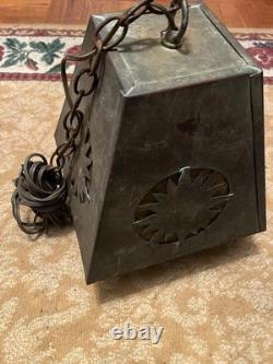 Vintage Art & Craft Style Copper Hanging Lantern With Art Glass of 1900 1940