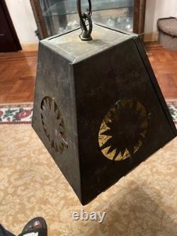 Vintage Art & Craft Style Copper Hanging Lantern With Art Glass of 1900 1940