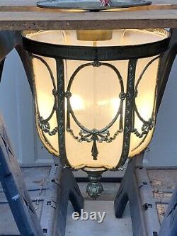 Vintage Art Deco Brass & Cloth Linen Ceiling Fixture Hanging Light Lamp