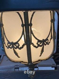 Vintage Art Deco Brass & Cloth Linen Ceiling Fixture Hanging Light Lamp