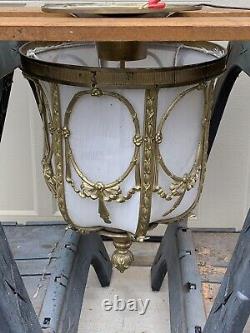 Vintage Art Deco Brass & Cloth Linen Ceiling Fixture Hanging Light Lamp