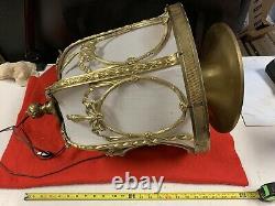 Vintage Art Deco Brass & Cloth Linen Ceiling Fixture Hanging Light Lamp