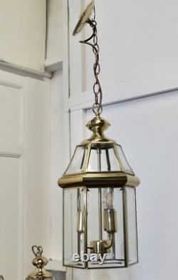 Vintage Art Deco Brass & Glass Hall Lantern Pendant Foyer Hanging Light Lamp