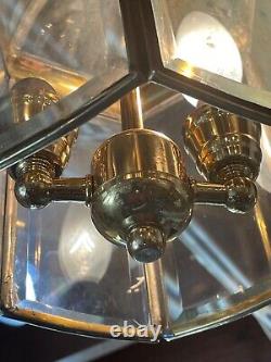 Vintage Art Deco Brass & Glass Hall Lantern Pendant Foyer Hanging Light Lamp