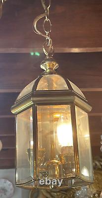 Vintage Art Deco Brass & Glass Hall Lantern Pendant Foyer Hanging Light Lamp