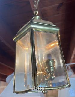 Vintage Art Deco Brass & Glass Hall Lantern Pendant Foyer Hanging Light Lamp