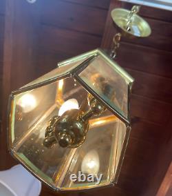 Vintage Art Deco Brass & Glass Hall Lantern Pendant Foyer Hanging Light Lamp