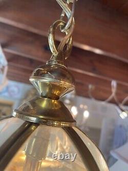 Vintage Art Deco Brass & Glass Hall Lantern Pendant Foyer Hanging Light Lamp