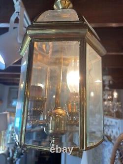 Vintage Art Deco Brass & Glass Hall Lantern Pendant Foyer Hanging Light Lamp