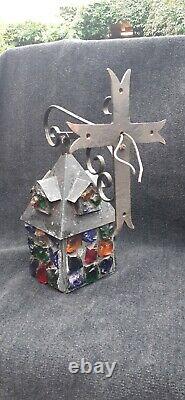 Vintage Arts & Crafts Peter Marsh Rock Glass Lantern with iron Crucifix Bracket