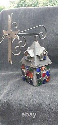 Vintage Arts & Crafts Peter Marsh Rock Glass Lantern with iron Crucifix Bracket