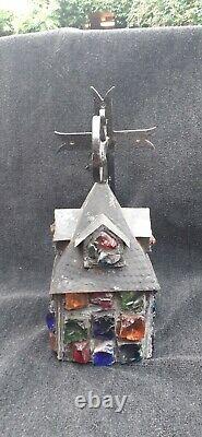 Vintage Arts & Crafts Peter Marsh Rock Glass Lantern with iron Crucifix Bracket