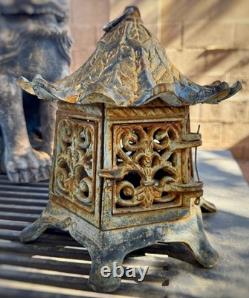 Vintage Asian Pagoda Lantern Cast Iron Tea Light Candle Oxidized