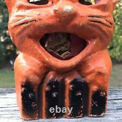 Vintage Authentic Paper Mache Cat Pumpkin Jack O Lantern Wire Bail Handle