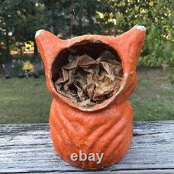 Vintage Authentic Paper Mache Cat Pumpkin Jack O Lantern Wire Bail Handle