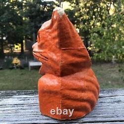 Vintage Authentic Paper Mache Cat Pumpkin Jack O Lantern Wire Bail Handle