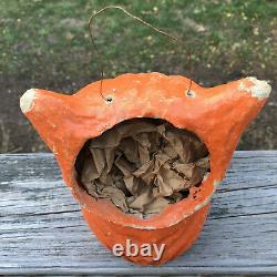 Vintage Authentic Paper Mache Cat Pumpkin Jack O Lantern Wire Bail Handle