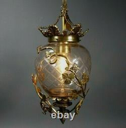 Vintage Bell Jar Hall Style Lantern Cut Glass Wrapped with Brass Grape Vine