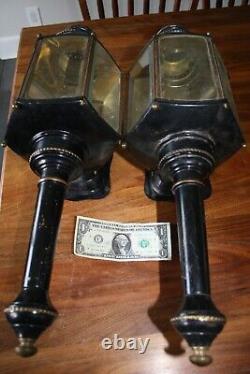 Vintage Brass Huge 23 Old Outdoor Sconce Carriage Lanterns Beveled Glass Panels