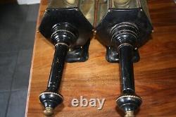 Vintage Brass Huge 23 Old Outdoor Sconce Carriage Lanterns Beveled Glass Panels