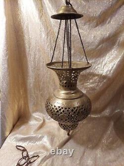 Vintage Brass Lantern Pierced Moroccan Hanging Lamp Candle Holder Antique Decor