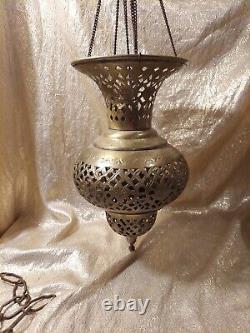 Vintage Brass Lantern Pierced Moroccan Hanging Lamp Candle Holder Antique Decor