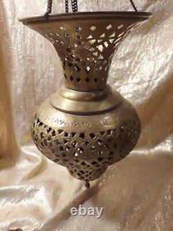 Vintage Brass Lantern Pierced Moroccan Hanging Lamp Candle Holder Antique Decor