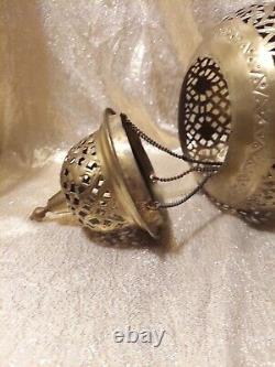 Vintage Brass Lantern Pierced Moroccan Hanging Lamp Candle Holder Antique Decor