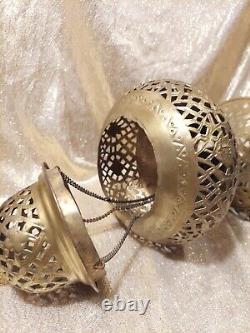 Vintage Brass Lantern Pierced Moroccan Hanging Lamp Candle Holder Antique Decor