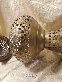 Vintage Brass Lantern Pierced Moroccan Hanging Lamp Candle Holder Antique Decor