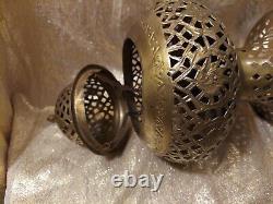 Vintage Brass Lantern Pierced Moroccan Hanging Lamp Candle Holder Antique Decor