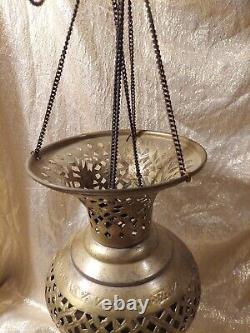 Vintage Brass Lantern Pierced Moroccan Hanging Lamp Candle Holder Antique Decor