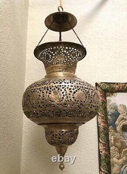 Vintage Brass Lantern Pierced Moroccan Hanging Lamp Candle Holder Antique Lamp