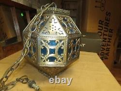 Vintage Brass Moroccan/ Islamic Pendant Hanging Lantern- Pierced- Stained Glass