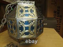Vintage Brass Moroccan/ Islamic Pendant Hanging Lantern- Pierced- Stained Glass
