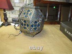 Vintage Brass Moroccan/ Islamic Pendant Hanging Lantern- Pierced- Stained Glass
