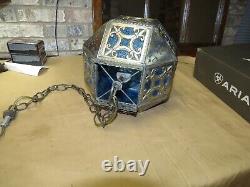 Vintage Brass Moroccan/ Islamic Pendant Hanging Lantern- Pierced- Stained Glass