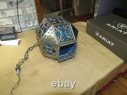 Vintage Brass Moroccan/ Islamic Pendant Hanging Lantern- Pierced- Stained Glass